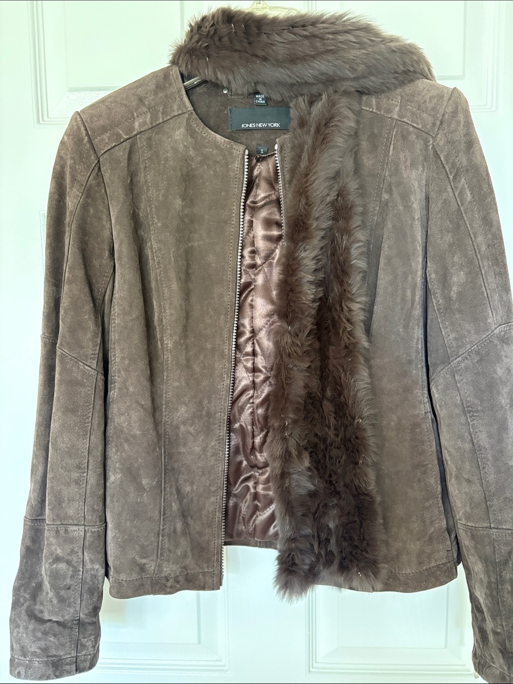 Jones New York brown Suede Jacket with rabbit Fur Trim